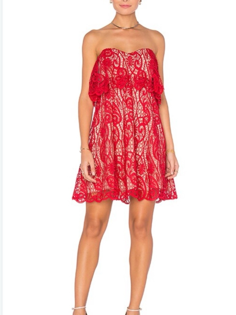 The‎ Jetset Diaries Lolita Eyelet Strapless Red Lace Mini Dress